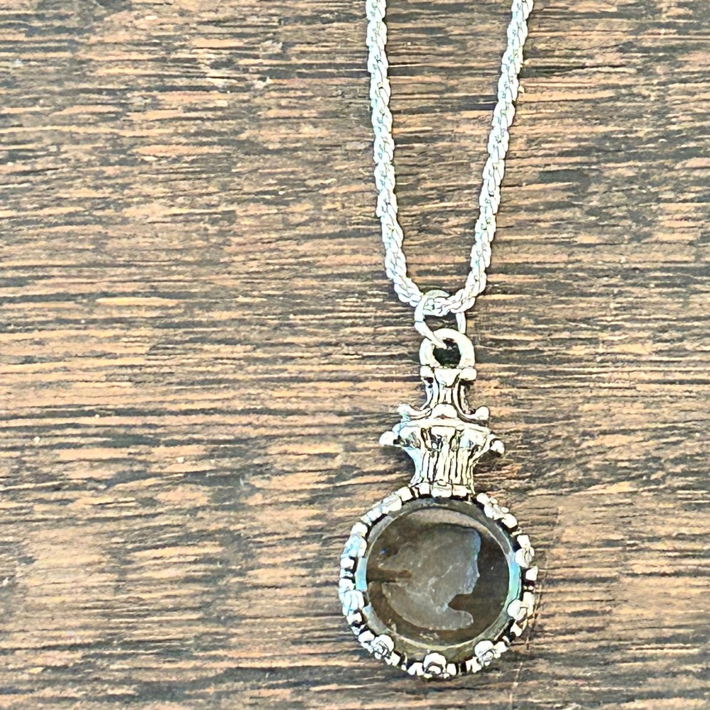 Monet Signed Reverse Intaglio Cameo Charm on Silver Tone Chain